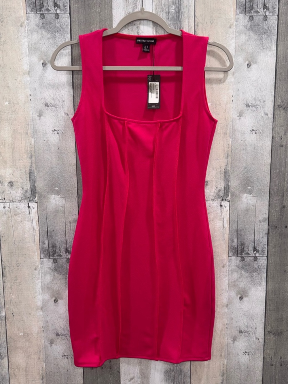 🆕 PrettyLittleThing Hot Pink Seam Detail Square Neck Bodycon Mini Dress Sz. 10